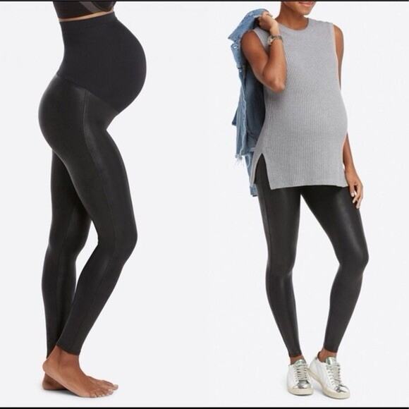 Spanx Mama Black Faux Leather Maternity Leggings Pull On Stretch Womens Medium - Picture 1 of 8